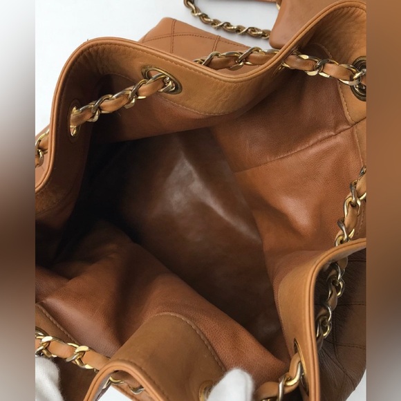 CHANEL Bicolor Lambskin Drawstring Chain Shoulder Tote Bag Brown with Pouch - Picture 8 of 10